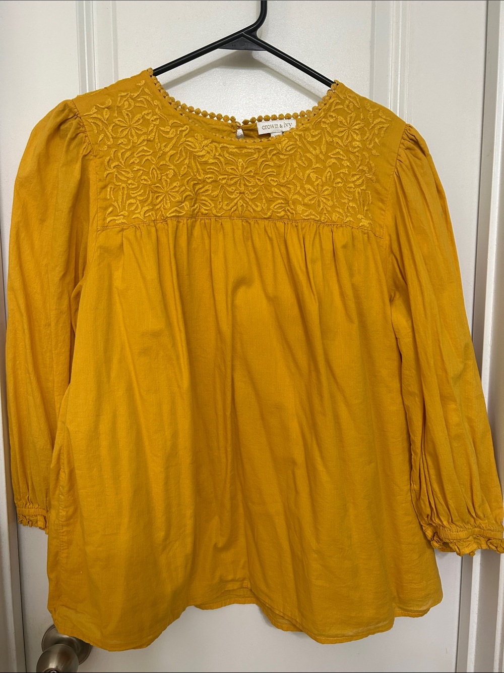 crown & ivy Mustard Embroidered Yoke Peasant Blouse size XL